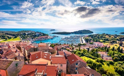 aerial view of the port of vrsar (orsera) town. colorful spring cityscape of croatia, europe. traveling concept background. magnificent mediterranean seascape.