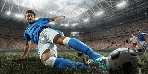 soccer players performs an action play on a professional stadium. all players wear unbranded clothes. the stadium is made in 3d.