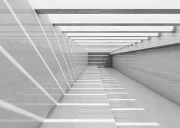 abstract empty white interior. corridor with ceiling illumination and striped pattern of light beams, background 3d illustration