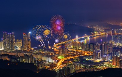 firework festival at gwangan bridge in busan,south korea.
