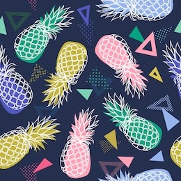 vector seamless pattern with hand drawn pineapple fruits on colorful geometrical  background in memphis style.vector illustration for fabric, textile, wrapping paper and other decoration design.