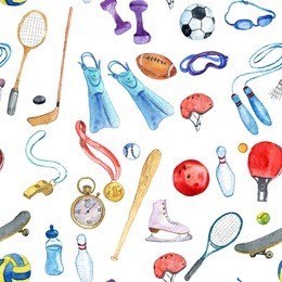 watercolor sport doodle seamless pattern with, hand drawn background