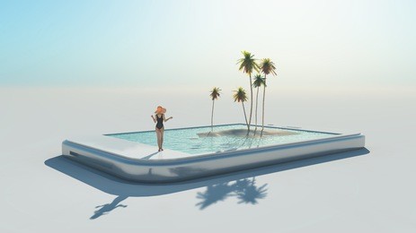 woman in swimsuit and 3d tropical image coming out of a touch screen.  this is a 3d render illustration