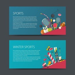 set of vector sport banners. flat design sport concept. sports summer and winter equipment.