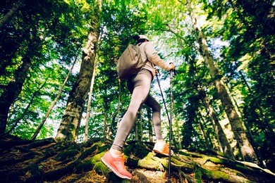 close-up of female hiker feet walking on forest trail. 