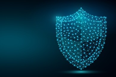 polygonal security shield abstract image, isolated on black background. business concept of data protection illustration. low poly wireframe, geometry triangle, lines, dots, polygons, shapes