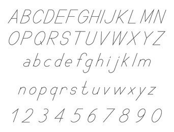 latin alphabet letters, italic font set, with set of numbers 1, 2, 3, 4, 5, 6, 7, 8, 9, 0, outlined, black isolated on white background, vector illustration.