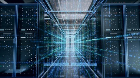 network server room with computers for digital communications and internet,abstract data concept,3d rendering.