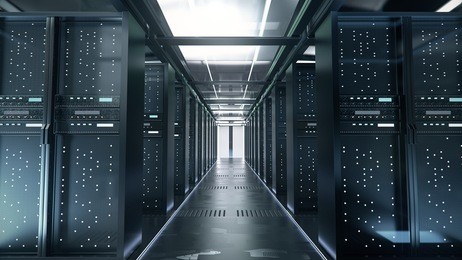 network server room with computers for digital communications and internet,abstract data concept,3d rendering.