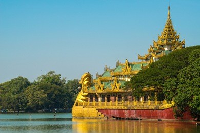 the scenery view of kandawgyi lake in yangon township of myanmar.