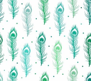 seamless vertical various colors of green peacock feather on white background with various colors of green polka dot decoration