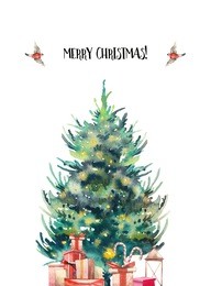 watercolor christmas tree and gift boxes card. hand drawn holiday decor, calligraphy and bullfinch bird on white background. winter illustration