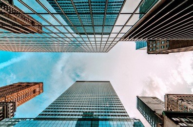 bottom view of business buildings skyscrapers in new york