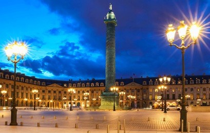 the vendome column , the place vendome at night, paris, france.