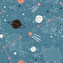 seamless pattern with stars, constellations, planets and hand drawn elements. childish texture. great for fabric, textile vector illustration