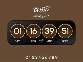 analog black countdown timer for the website. circle section. days, hours, minutes, seconds. brown background. vector drawing