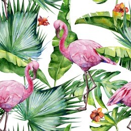 seamless watercolor illustration of tropical leaves, dense jungle and pink flamingo birds. pattern with tropic summertime motif may be used as background texture, wrapping paper, textile,wallpaper. 