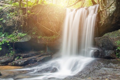 kbal spean the mystery waterfall on kulen mountains range of the ancient khmer empire  in siem reap province of cambodia.