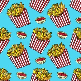 french fries in a striped box and sauce, hand drawn doodle, sketch in pop art style, seamless pattern design on blue background
