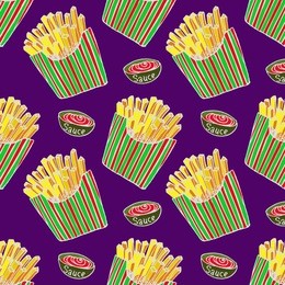 french fries in a striped box and sauce, hand drawn doodle, sketch in pop art style, white outline, seamless pattern design on purple background