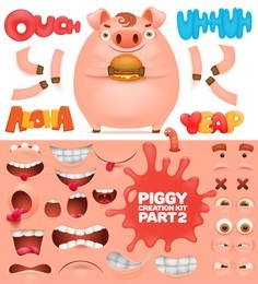 creation kit of cartoon emoticon pig character vector illustration.