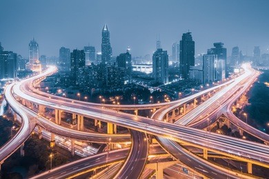 shanghai elevated road junction and interchange overpass at night, shanghai china
