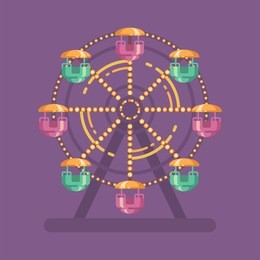 funfair carnival flat illustration. amusement park illustration with a ferris wheel at night on purple background