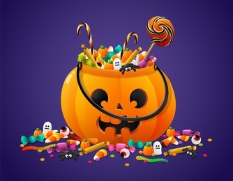 halloween pumpkin basket full of candies and sweets on violet background