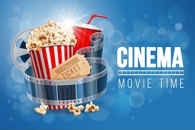 cinematograph concept banner design template with popcorn, drink, film reel, film tape and ticket on blue bokeh background. realistic vector illustration.