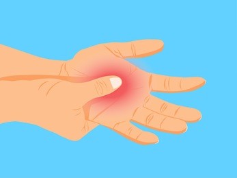 young woman with painful hand,rubbing hand, hands massage, cartoon flat-style vector illustration.