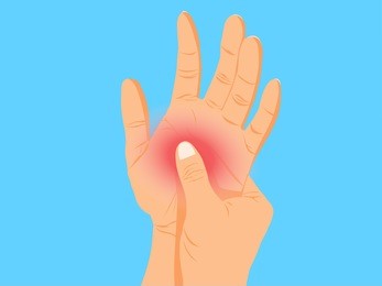 young woman with painful hand,rubbing hand, hands massage, cartoon flat-style vector illustration.