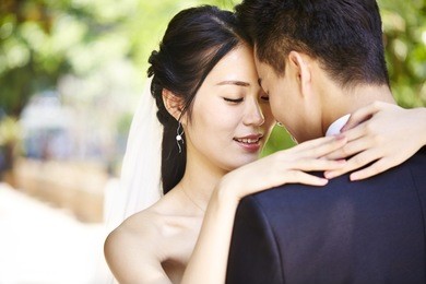 close-up portrait of intimate wedding couple.