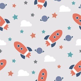 space elements seamless pattern. space background. space doodle illustration. vector illustration. children seamless pattern with cartoon space rockets, planets, stars