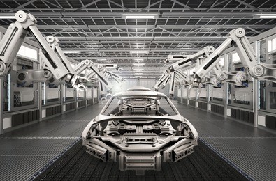 3d rendering robot assembly line in car factory