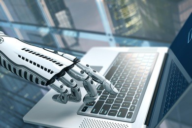 futuristic robot hand typing and working with laptop keyboard. mechanical arm with computer. 3d render on white background
