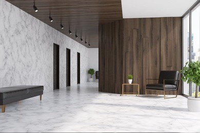 white marble and dark wooden elevator hall in an office with a panoramic window. there are three black doors in the wall and a brown armchair. 3d rendering mock up