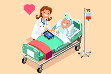 senior patient in day hospital bed. a doctor taking care of a sick elderly woman lying in a medical bed. vector hero nurse illustration in a flat style images.