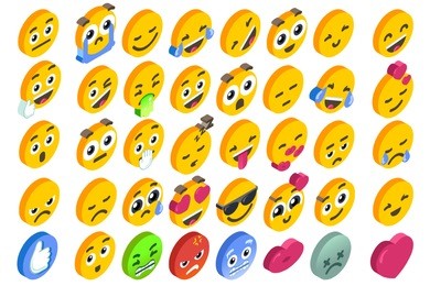 emoji set emoticon reactions. vector eps 10 3d flat design isometric icons hearth angry or smile face and like button.