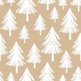 seamless repeat pattern with hand drawn christmas trees in white on craft paper background.