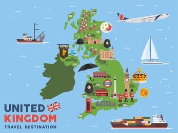 modern united kingdom famous tourist destination map illustration