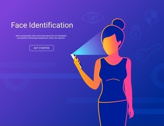 face identification of young woman. gradient line vector illustration of woman holds smartphone in her hand for getting access to device via face recognition technology.