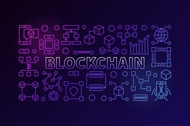 technology banner made with block chain line icons and word blockchain inside on dark background