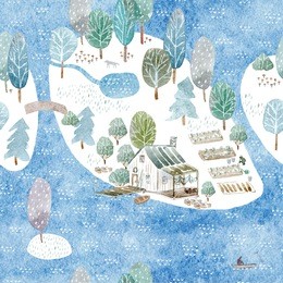 seamless pattern of a fisherman's house,island and garden.landscape of a forest, lake, bridge and lake.watercolor hand drawn illustration.blue background.