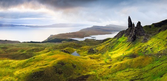 panorama of old man of storr rock formation, isle of skye, scotland.