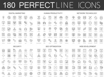 180 modern thin line icons set of digital marketing, human productivity, network technology, cyber security, seo optimization, web development.