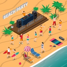beach party isometric composition with dj and music equipment, dancing people, loungers, umbrella, palm trees vector illustration