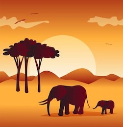visual drawing silhouette of elephants in safari with wild and sunset background for vector illustration