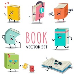 cute cartoon book character with different emotions and in action. vector flat icons set isolated on white background.