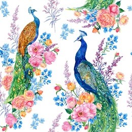 seamless pattern for print, fashion fabric ,textile ,wallpaper. beautiful birds, peacocks and flowers . watercolor illustration