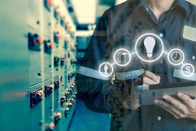 double exposure of engineer or technician man using  tablet in switch gear electrical room oil and gas platform or plant industrial with tools icon, business and electrical industry concept.